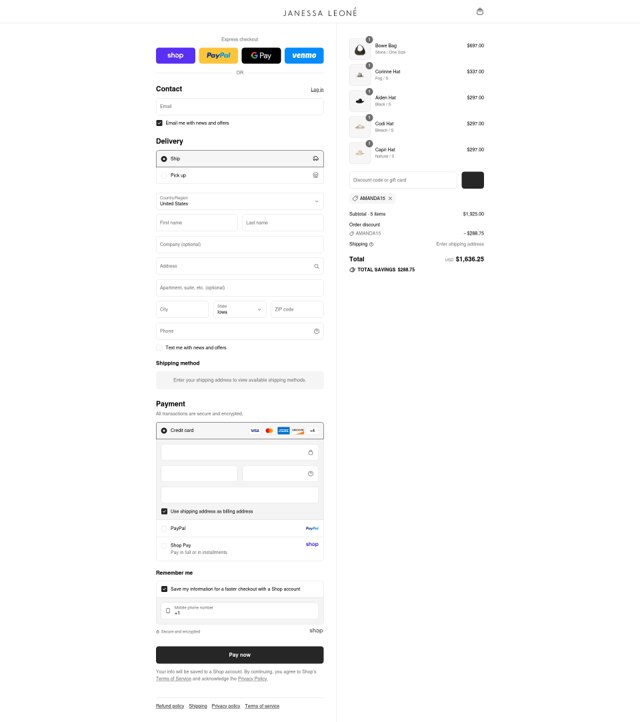 Janessa Leone checkout page showing Janessa Leone discount code box | Screenshot taken by SimplyCodes community member on Sep 4, 2025