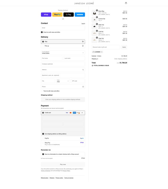 Janessa Leone checkout page showing Janessa Leone discount code box | Screenshot taken by SimplyCodes community member on Sep 4, 2025