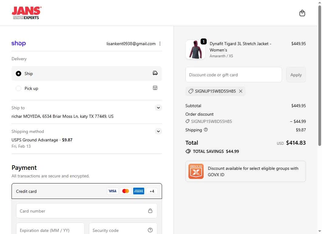 Jans checkout page showing Jans promo code box | Screenshot taken by SimplyCodes community member on Feb 6, 2026