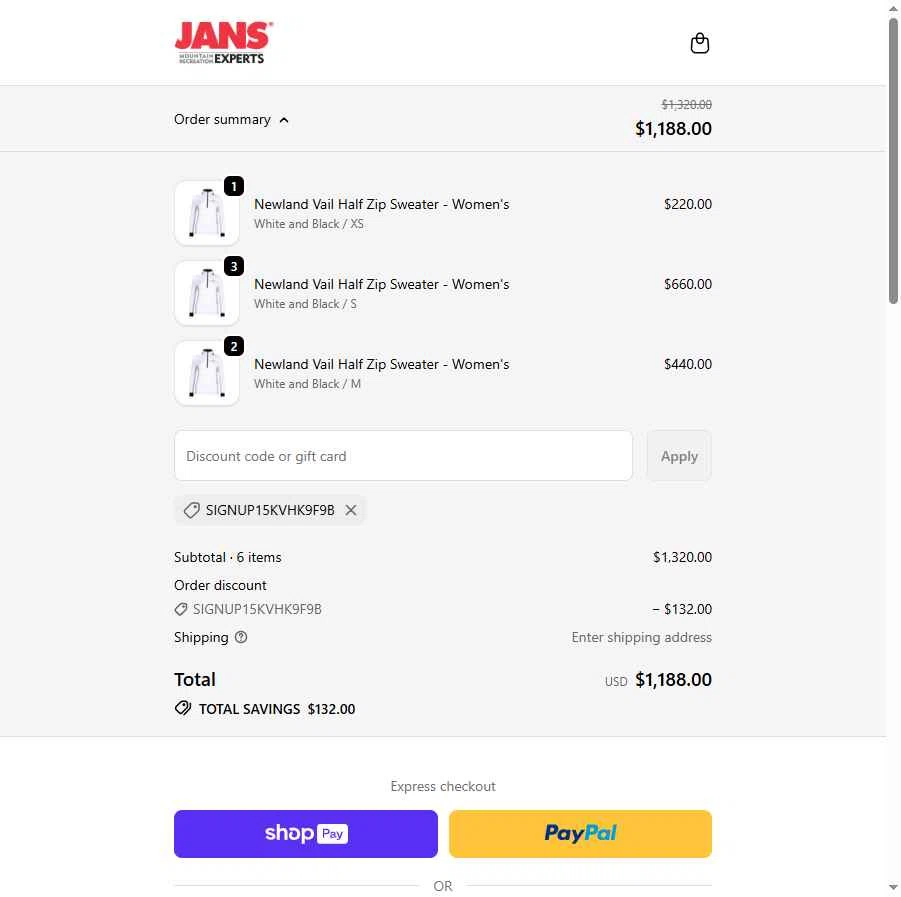 Jans checkout page showing Jans promo code box | Screenshot taken by SimplyCodes community member on Jan 7, 2026