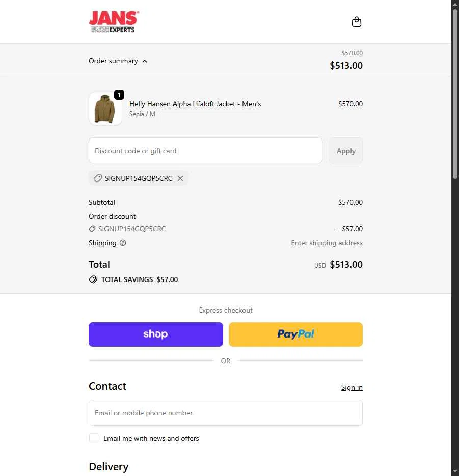 Jans checkout page showing Jans promo code box | Screenshot taken by SimplyCodes community member on Feb 4, 2026