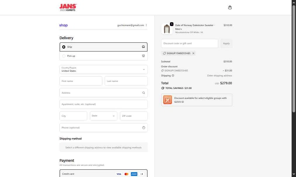 Jans checkout page showing Jans promo code box | Screenshot taken by SimplyCodes community member on Jan 8, 2026
