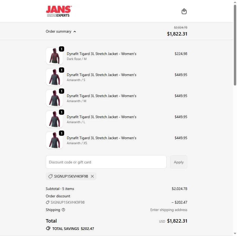 Jans checkout page showing Jans promo code box | Screenshot taken by SimplyCodes community member on Feb 5, 2026