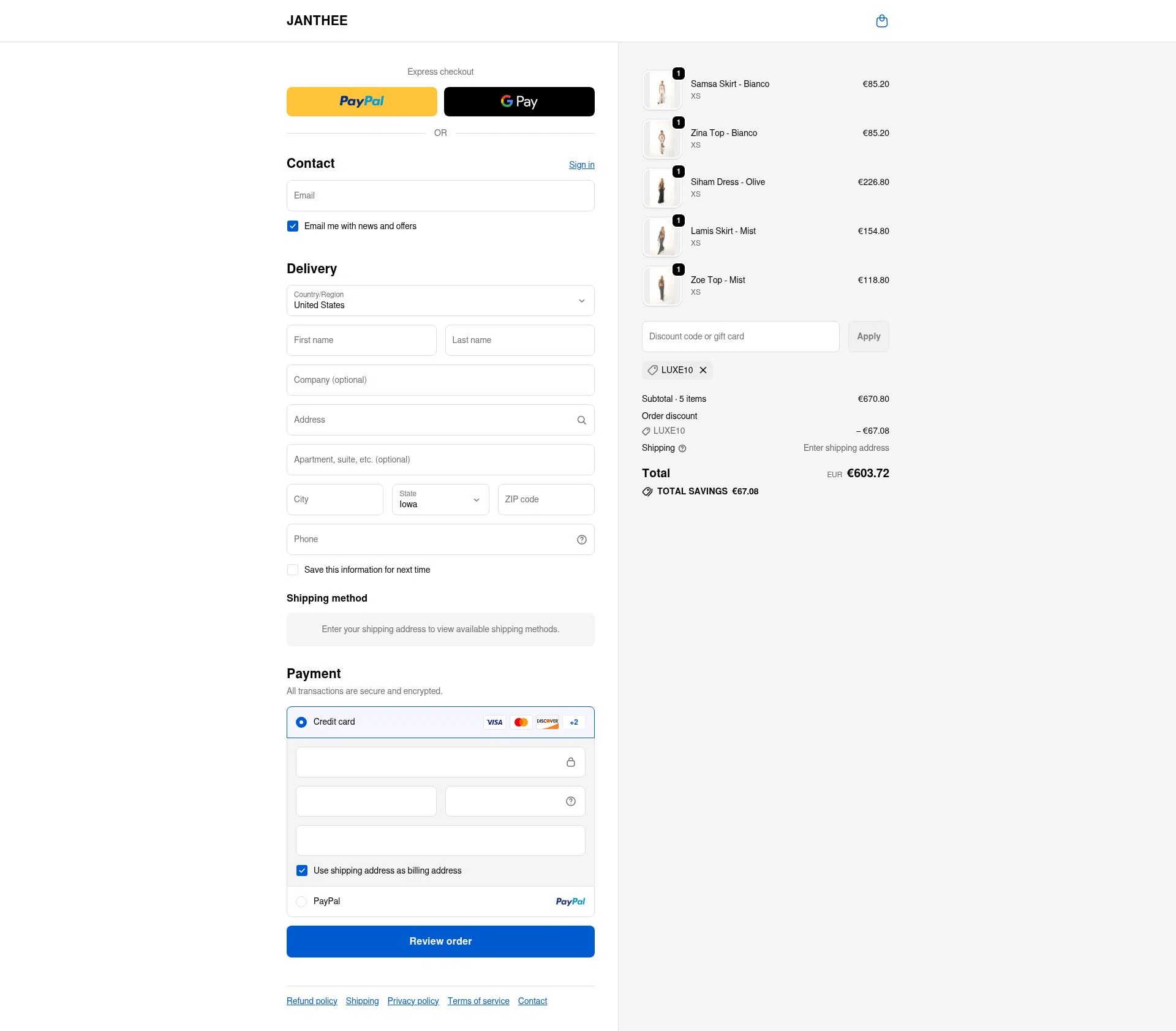 JANTHEE checkout page showing JANTHEE discount code box | Screenshot taken by SimplyCodes community member on Dec 11, 2025