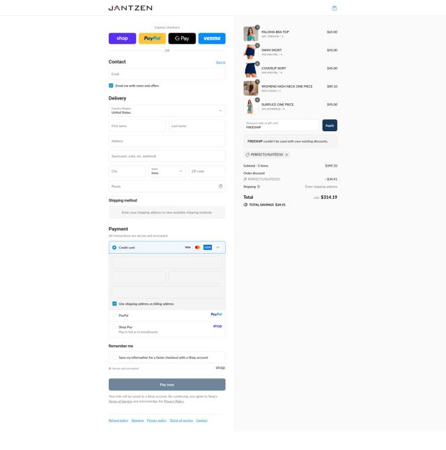 Jantzen checkout page showing Jantzen coupon code box | Screenshot taken by SimplyCodes community member on Sep 10, 2025