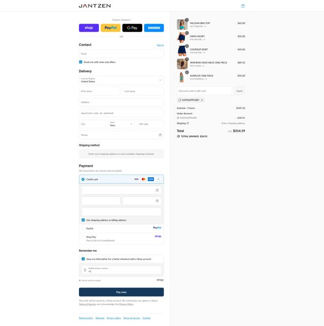Jantzen checkout page showing Jantzen coupon code box | Screenshot taken by SimplyCodes community member on Sep 10, 2025