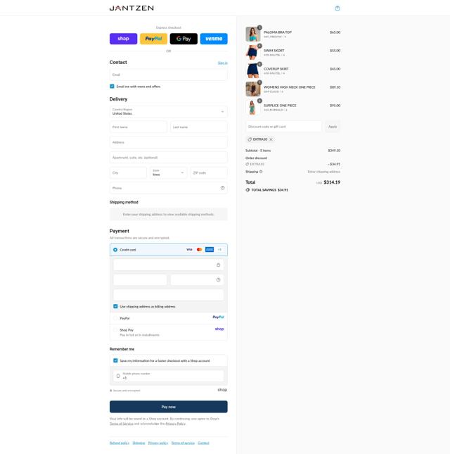 Jantzen checkout page showing Jantzen coupon code box | Screenshot taken by SimplyCodes community member on Sep 10, 2025
