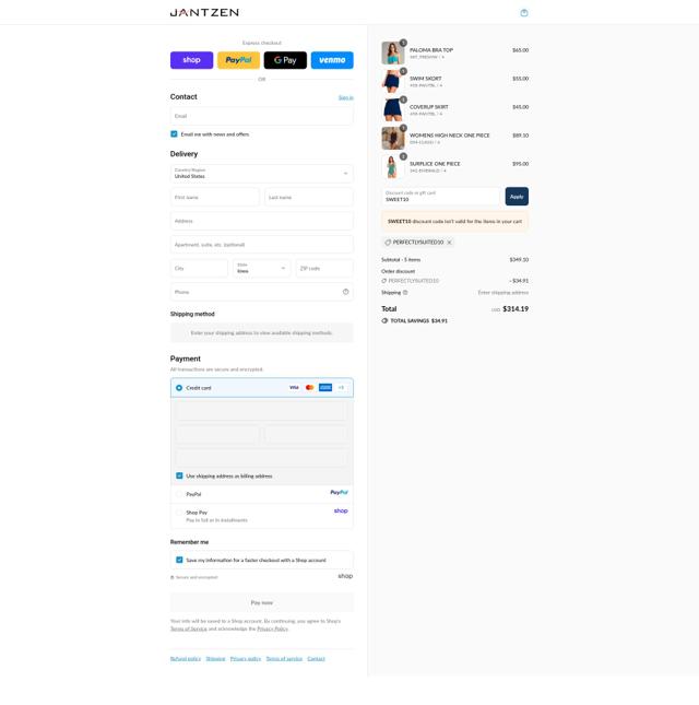 Jantzen checkout page showing Jantzen coupon code box | Screenshot taken by SimplyCodes community member on Sep 10, 2025