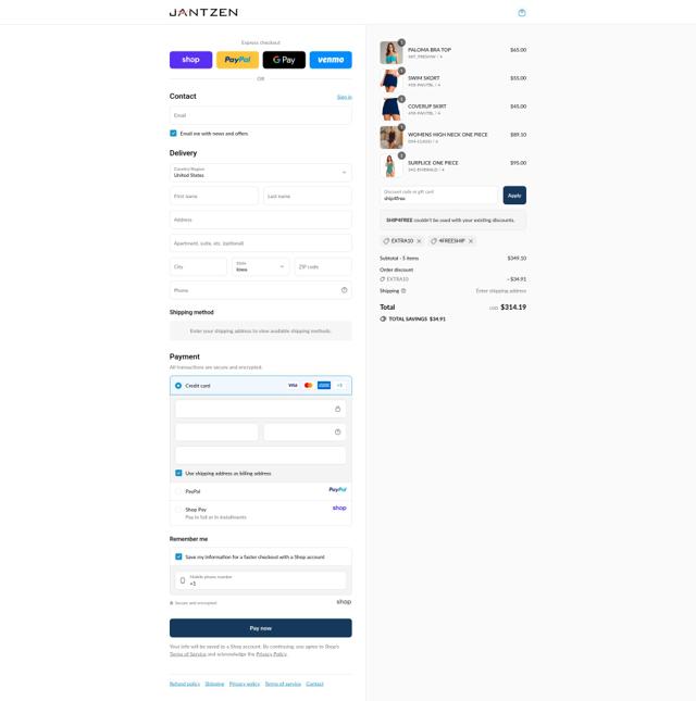 Jantzen checkout page showing Jantzen coupon code box | Screenshot taken by SimplyCodes community member on Sep 10, 2025