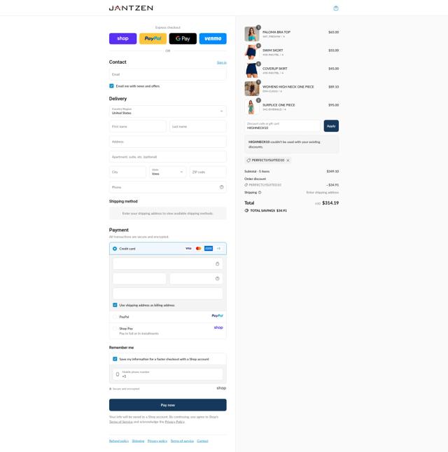 Jantzen checkout page showing Jantzen coupon code box | Screenshot taken by SimplyCodes community member on Sep 10, 2025