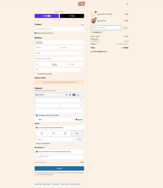 Japan Crate checkout page showing Japan Crate discount code box | Screenshot taken by SimplyCodes community member on May 3, 2025