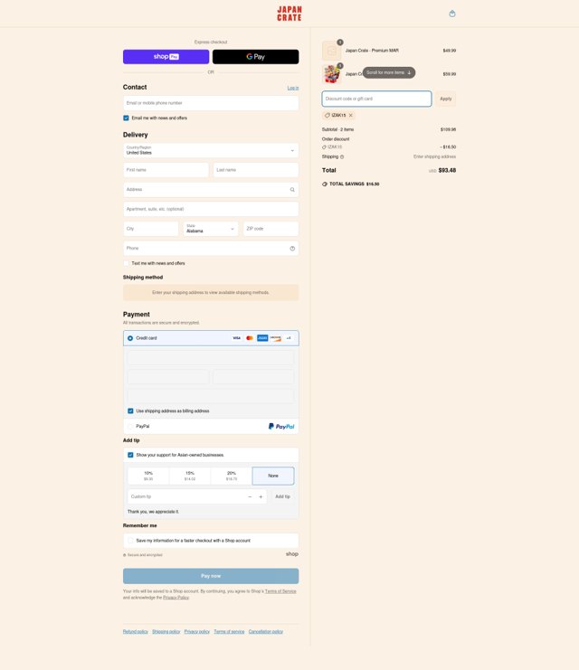 Japan Crate checkout page showing Japan Crate discount code box | Screenshot taken by SimplyCodes community member on May 3, 2025