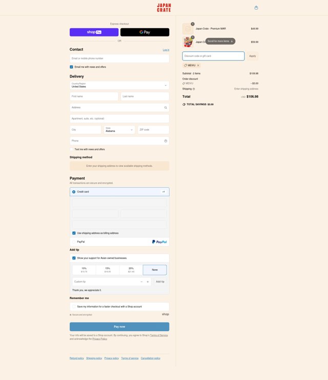 Japan Crate checkout page showing Japan Crate discount code box | Screenshot taken by SimplyCodes community member on May 3, 2025