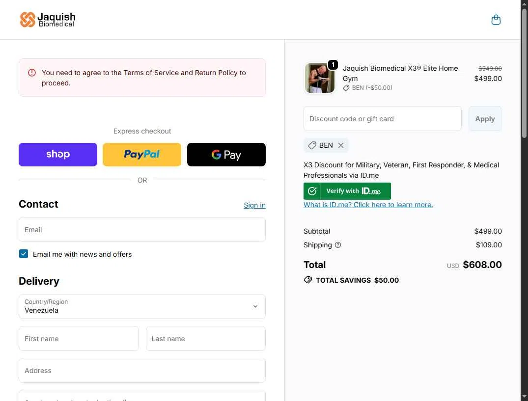 Jaquish Biomedical checkout page showing Jaquish Biomedical discount code box | Screenshot taken by SimplyCodes community member on Jan 25, 2026
