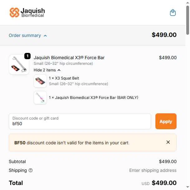Jaquish Biomedical checkout page showing Jaquish Biomedical discount code box | Screenshot taken by SimplyCodes community member on Nov 28, 2025