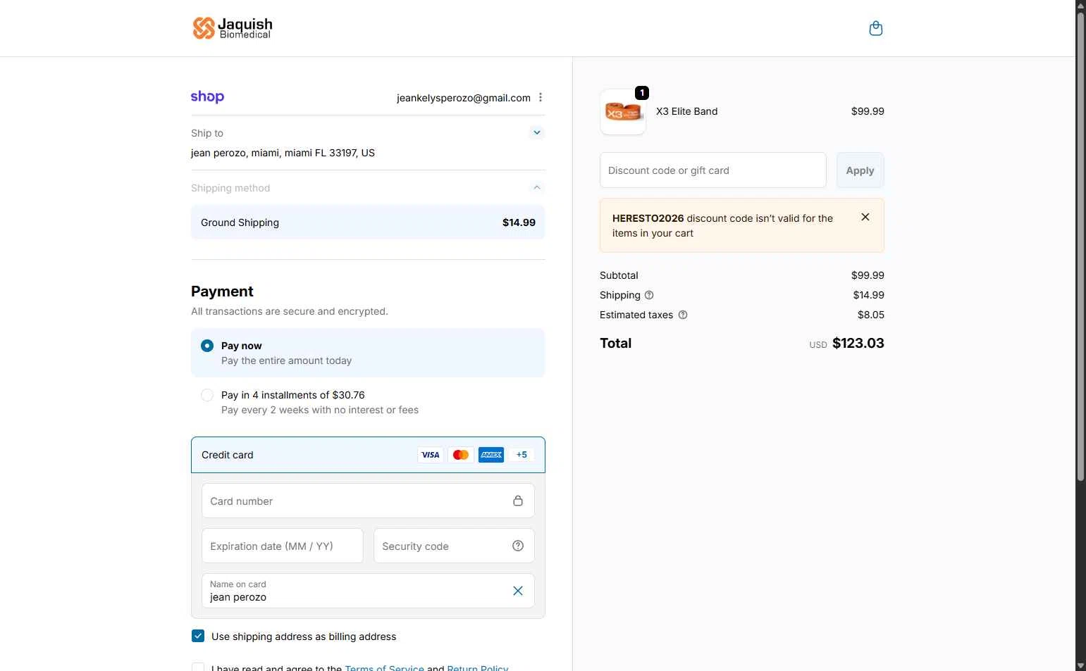 Jaquish Biomedical checkout page showing Jaquish Biomedical discount code box | Screenshot taken by SimplyCodes community member on Jan 29, 2026