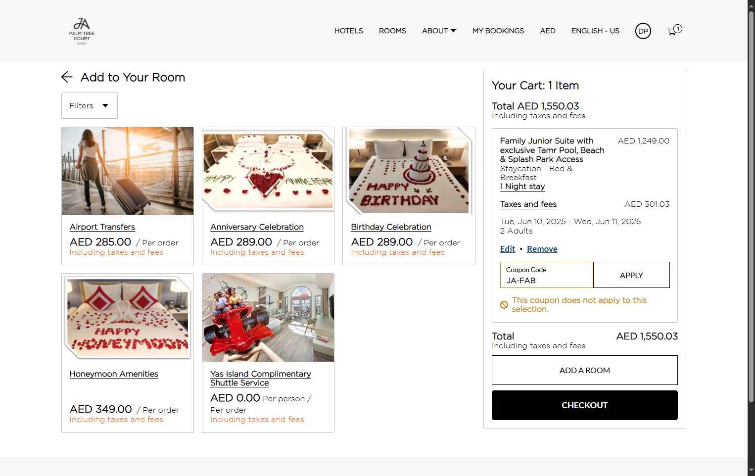 JA Resorts & Hotels checkout page showing JA Resorts & Hotels promo code box | Screenshot taken by SimplyCodes community member on Jun 10, 2025