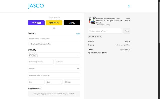 Jasco checkout page showing Jasco discount code box | Screenshot taken by SimplyCodes community member on Aug 28, 2025