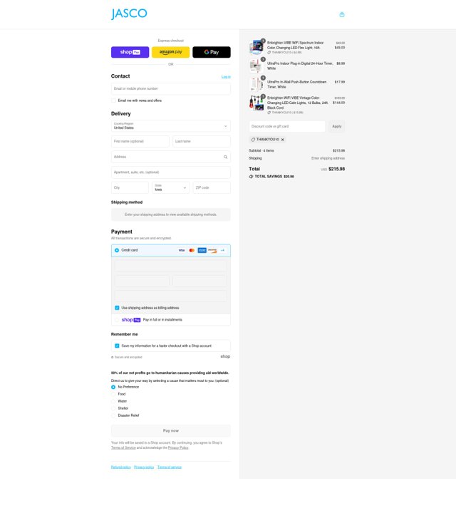 Jasco checkout page showing Jasco discount code box | Screenshot taken by SimplyCodes community member on Aug 8, 2025