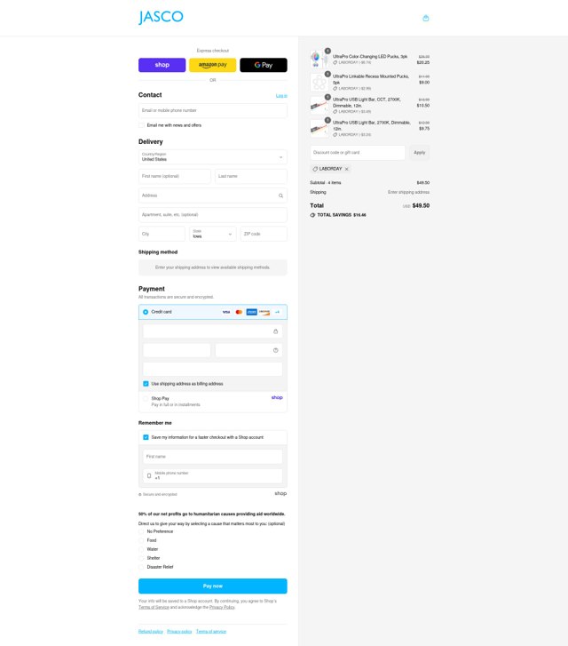 Jasco checkout page showing Jasco discount code box | Screenshot taken by SimplyCodes community member on Aug 30, 2025