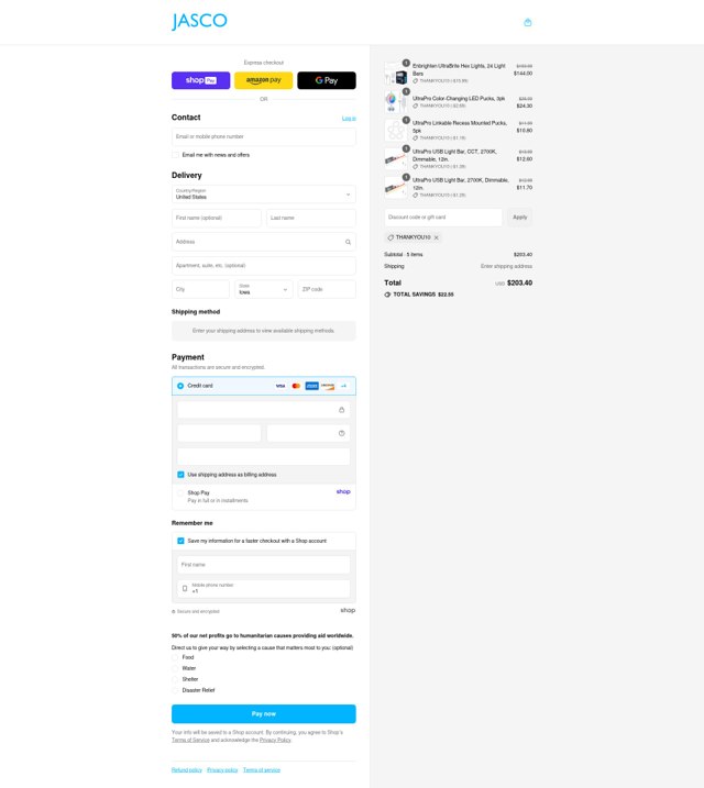 Jasco checkout page showing Jasco discount code box | Screenshot taken by SimplyCodes community member on Aug 16, 2025
