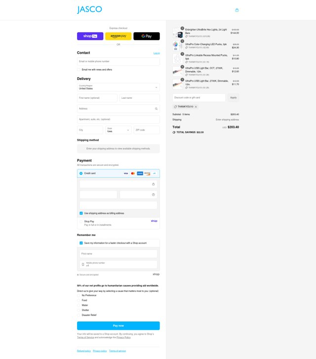 Jasco checkout page showing Jasco discount code box | Screenshot taken by SimplyCodes community member on Aug 25, 2025