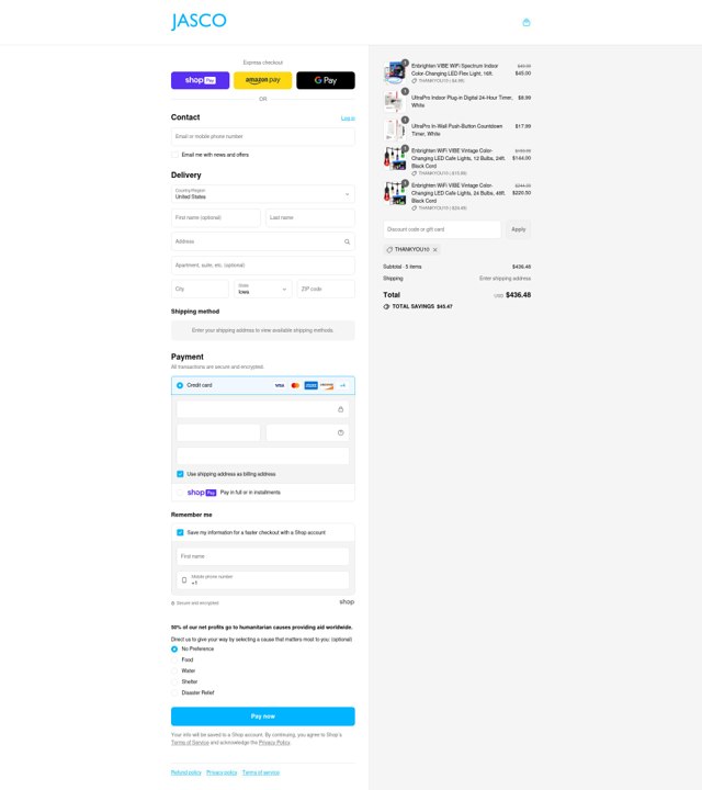 Jasco checkout page showing Jasco discount code box | Screenshot taken by SimplyCodes community member on Aug 12, 2025
