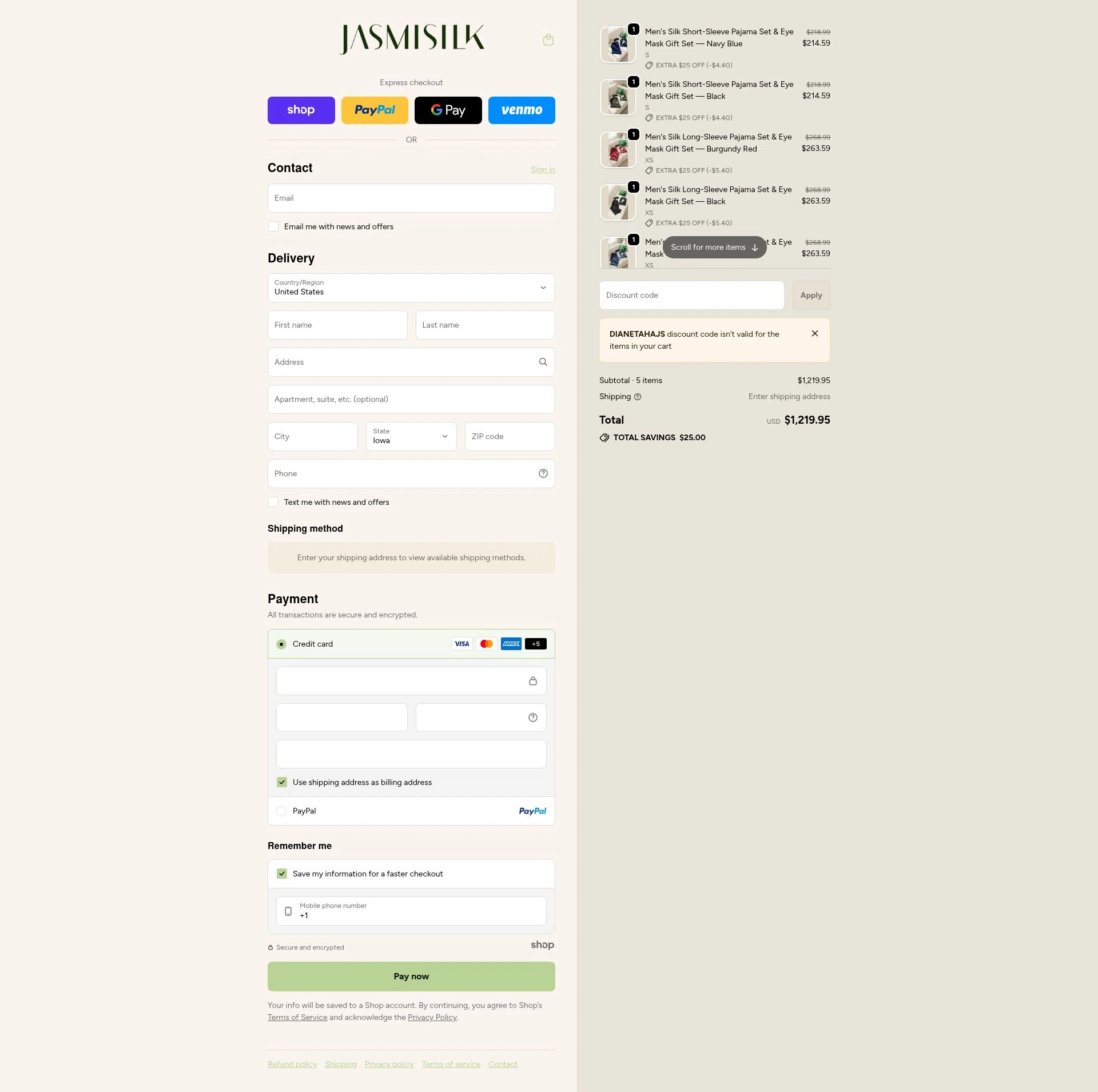 Jasmisilk checkout page showing Jasmisilk promo code box | Screenshot taken by SimplyCodes community member on Dec 28, 2025