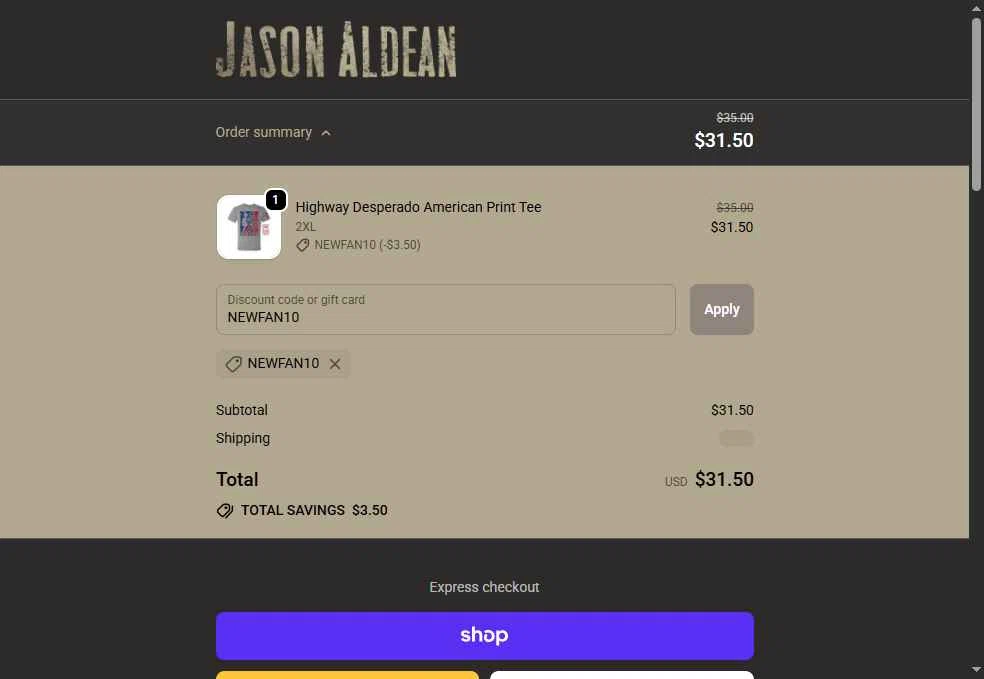Jason Aldean checkout page showing Jason Aldean promo code box | Screenshot taken by SimplyCodes community member on Jan 16, 2026