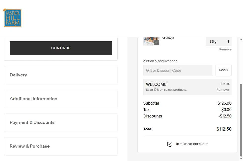 Jasper Hill Farm checkout page showing Jasper Hill Farm discount code box | Screenshot taken by SimplyCodes community member on Sep 18, 2025