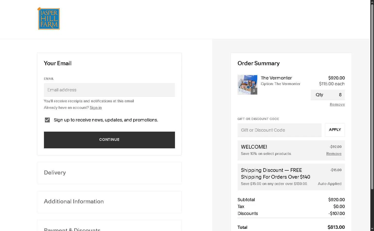 Jasper Hill Farm checkout page showing Jasper Hill Farm discount code box | Screenshot taken by SimplyCodes community member on May 9, 2025