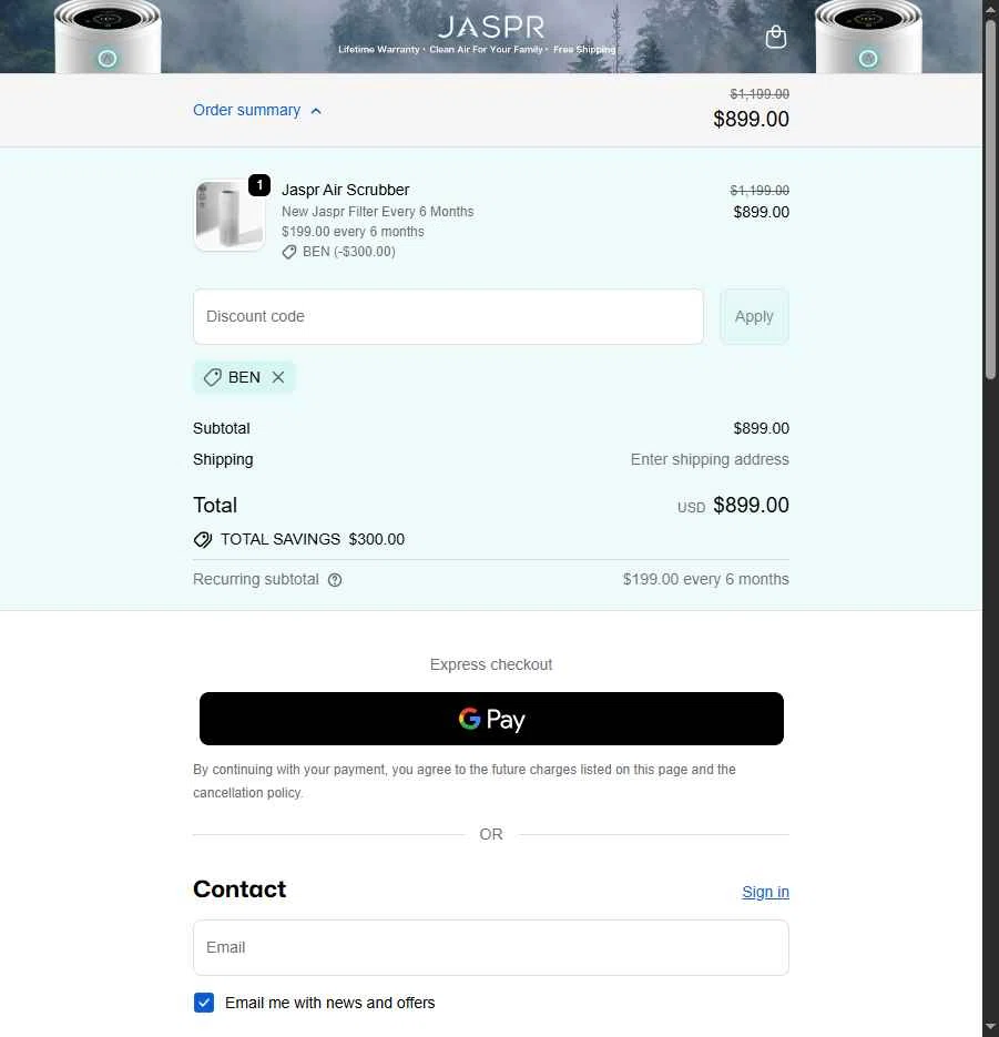 Jaspr Air Purifier checkout page showing Jaspr Air Purifier discount code box | Screenshot taken by SimplyCodes community member on Jan 27, 2026