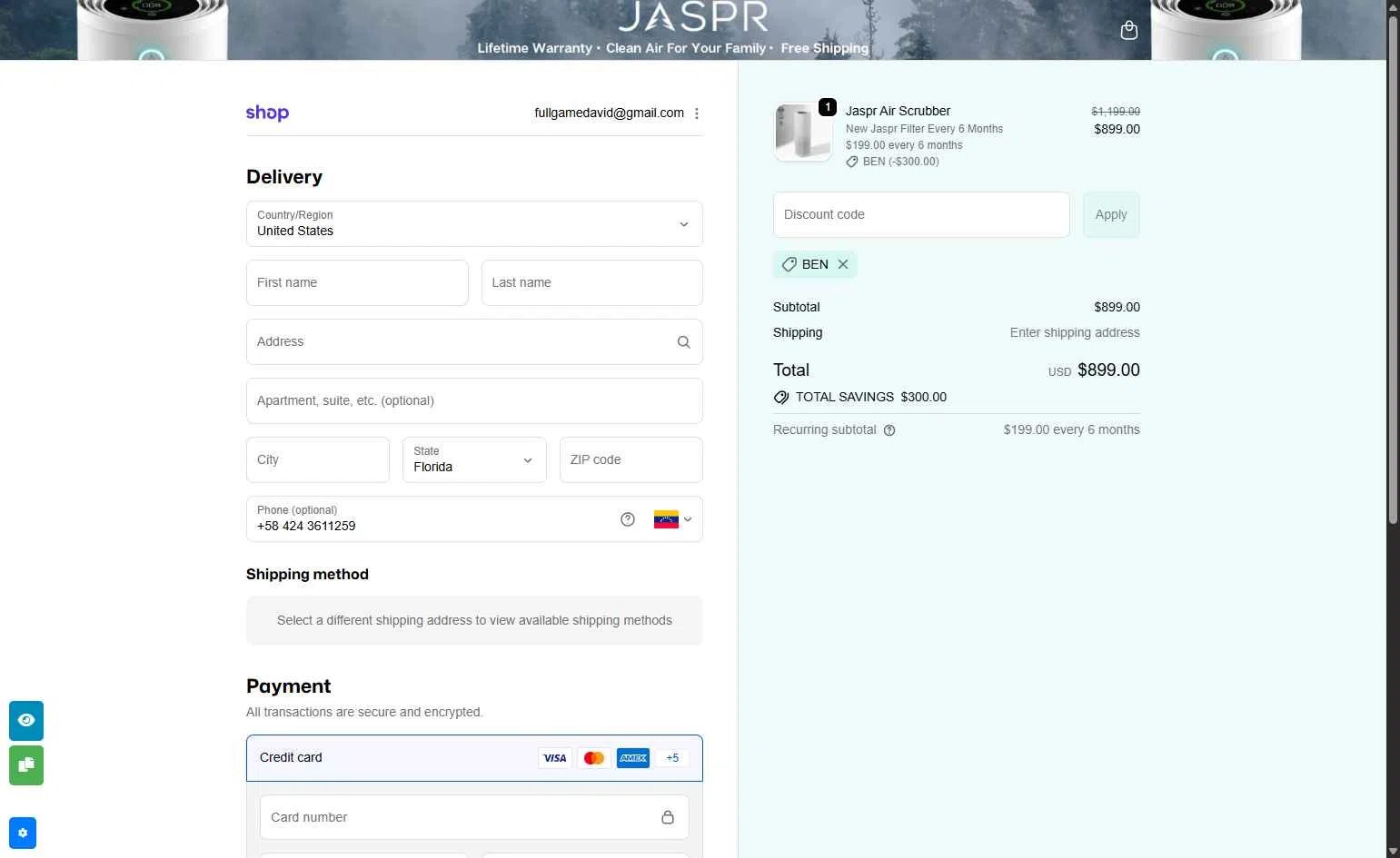 Jaspr Air Purifier checkout page showing Jaspr Air Purifier discount code box | Screenshot taken by SimplyCodes community member on Jan 27, 2026