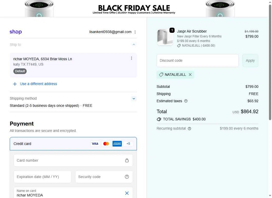 Jaspr Air Purifier checkout page showing Jaspr Air Purifier discount code box | Screenshot taken by SimplyCodes community member on Jan 22, 2026