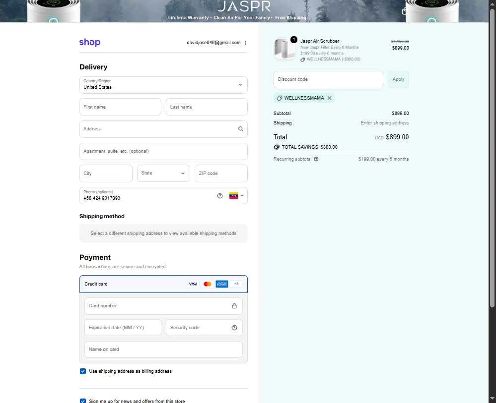 Jaspr Air Purifier checkout page showing Jaspr Air Purifier discount code box | Screenshot taken by SimplyCodes community member on Feb 5, 2026