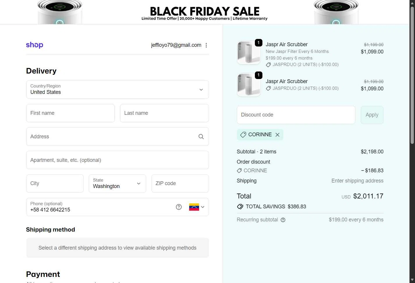 Jaspr Air Purifier checkout page showing Jaspr Air Purifier discount code box | Screenshot taken by SimplyCodes community member on Jan 22, 2026