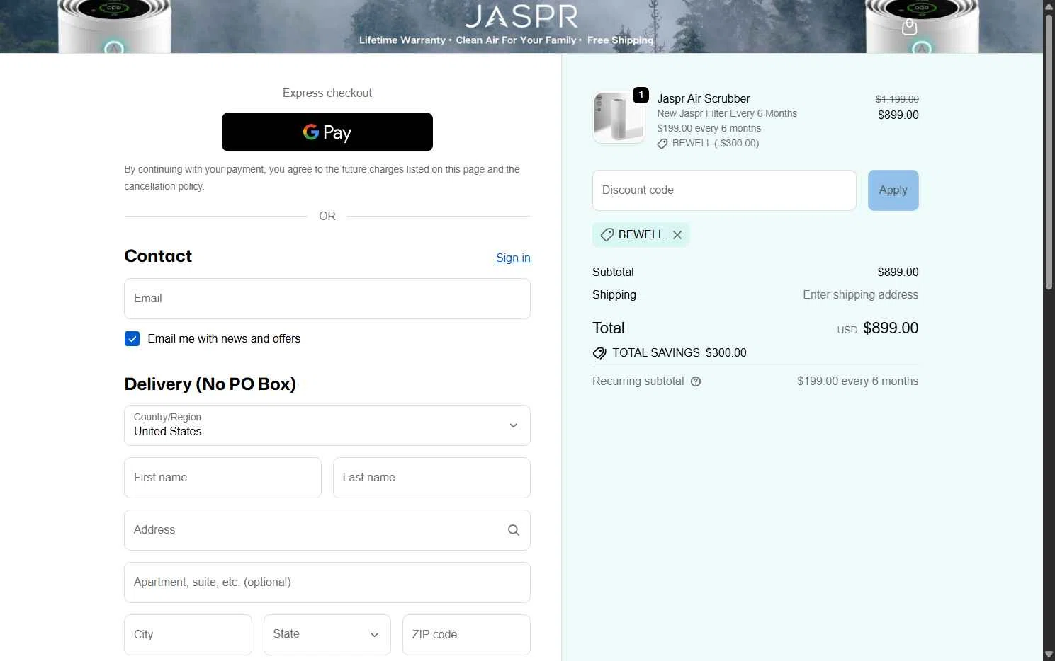 Jaspr Air Purifier checkout page showing Jaspr Air Purifier discount code box | Screenshot taken by SimplyCodes community member on Feb 3, 2026
