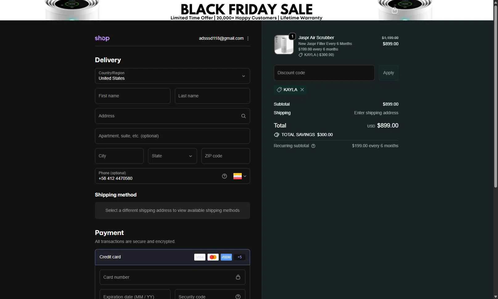 Jaspr Air Purifier checkout page showing Jaspr Air Purifier discount code box | Screenshot taken by SimplyCodes community member on Jan 22, 2026