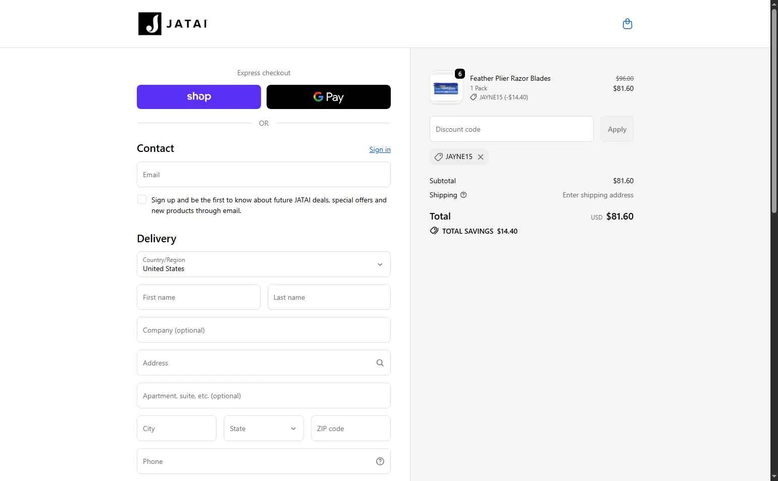 JATAI checkout page showing JATAI coupon code box | Screenshot taken by SimplyCodes community member on Oct 22, 2025