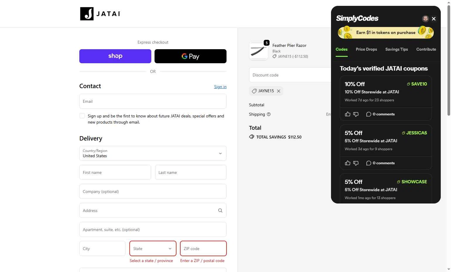 JATAI checkout page showing JATAI coupon code box | Screenshot taken by SimplyCodes community member on Sep 23, 2025