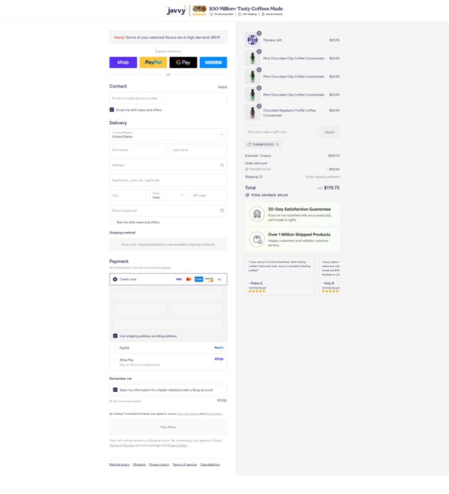 Javy Coffee checkout page showing Javy Coffee discount code box | Screenshot taken by SimplyCodes community member on Sep 3, 2025