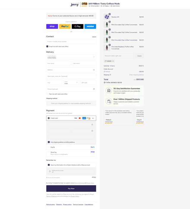 Javy Coffee checkout page showing Javy Coffee discount code box | Screenshot taken by SimplyCodes community member on Sep 3, 2025