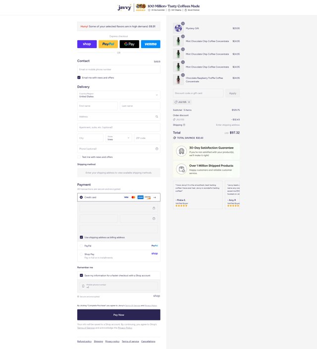 Javy Coffee checkout page showing Javy Coffee discount code box | Screenshot taken by SimplyCodes community member on Sep 3, 2025