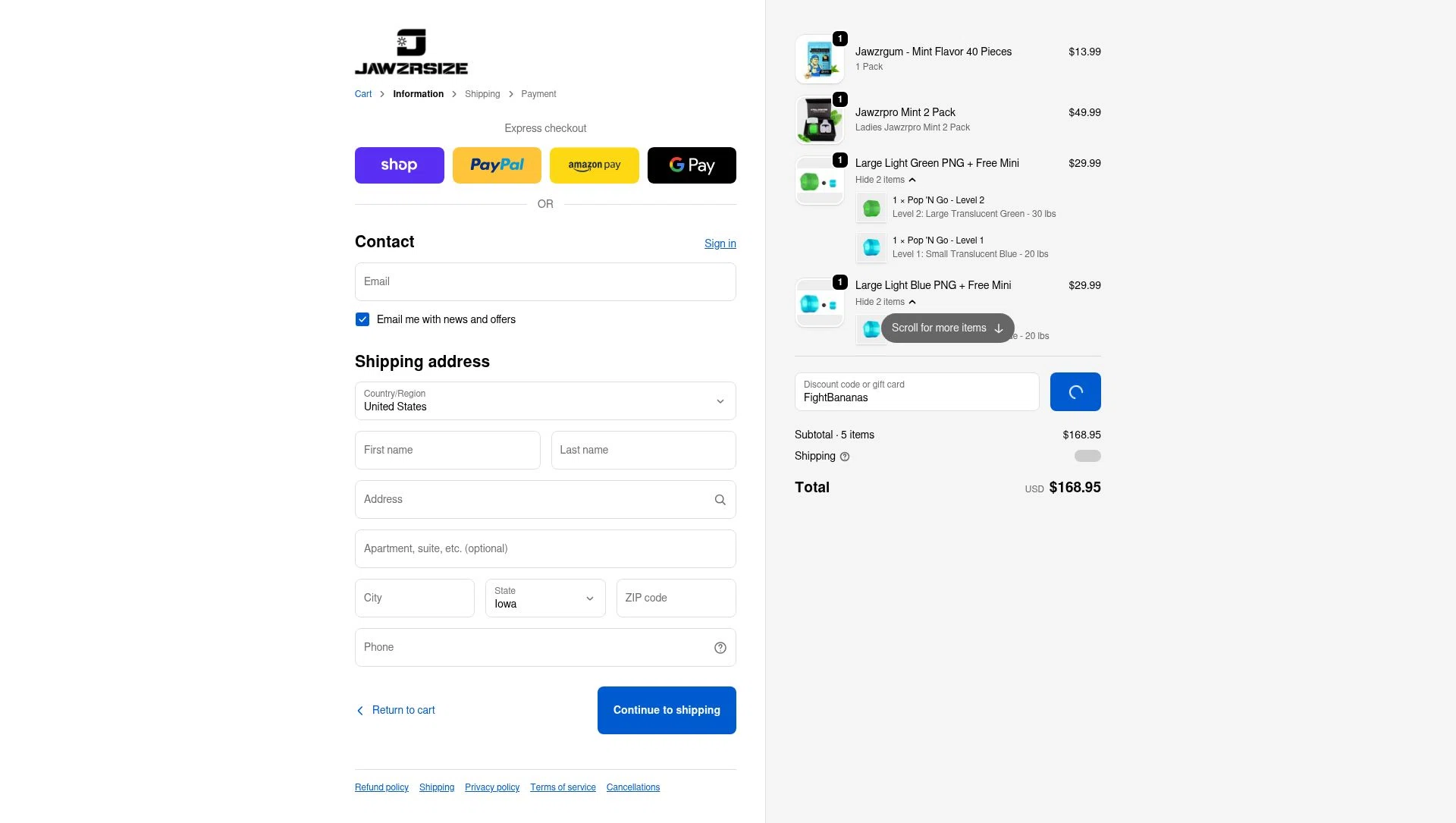 Jawzrsize checkout page showing Jawzrsize discount code box | Screenshot taken by SimplyCodes community member on Feb 9, 2026