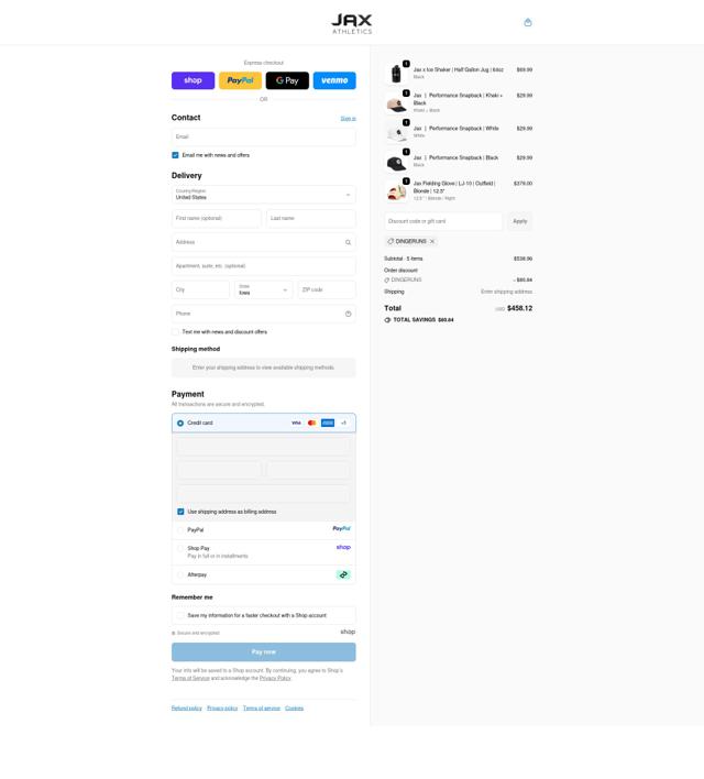 Jax Athletic checkout page showing Jax Athletic promo code box | Screenshot taken by SimplyCodes community member on Sep 19, 2025
