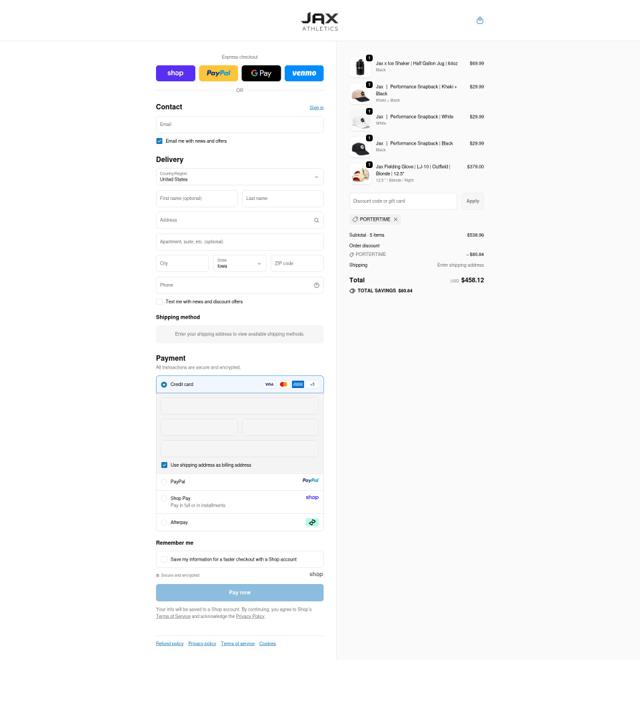 Jax Athletic checkout page showing Jax Athletic promo code box | Screenshot taken by SimplyCodes community member on Sep 19, 2025