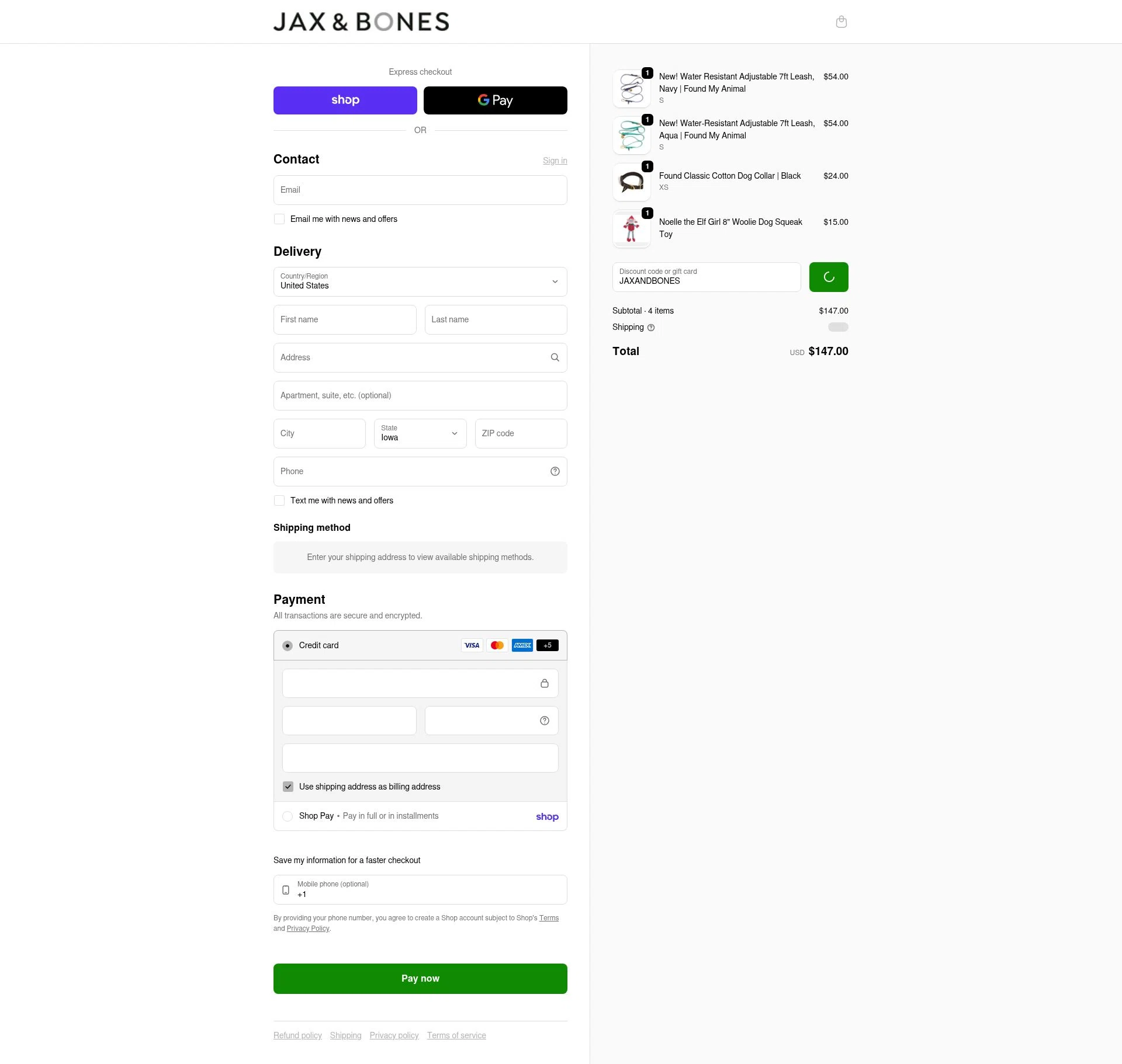 Jax & Bones checkout page showing Jax & Bones promo code box | Screenshot taken by SimplyCodes community member on Jan 31, 2026