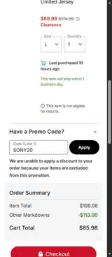 SONY20 coupon verification screenshot