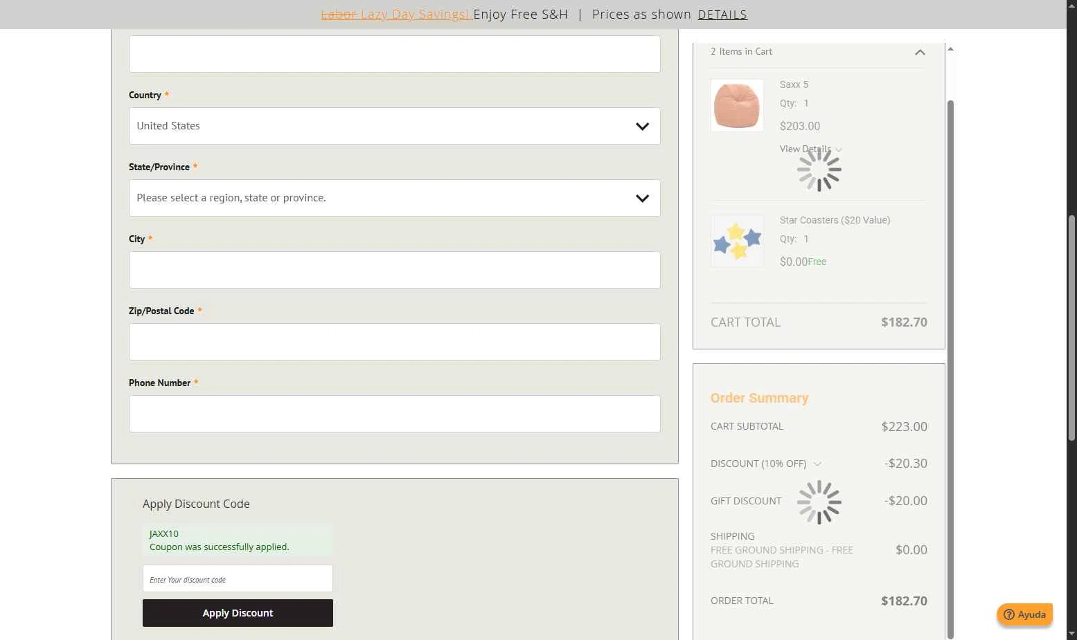 Jaxx checkout page showing Jaxx discount code box | Screenshot taken by SimplyCodes community member on Aug 29, 2025
