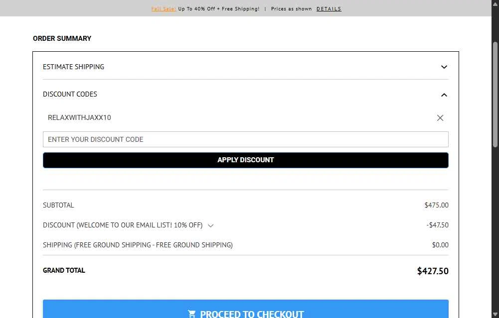 Jaxx checkout page showing Jaxx discount code box | Screenshot taken by SimplyCodes community member on Oct 8, 2025
